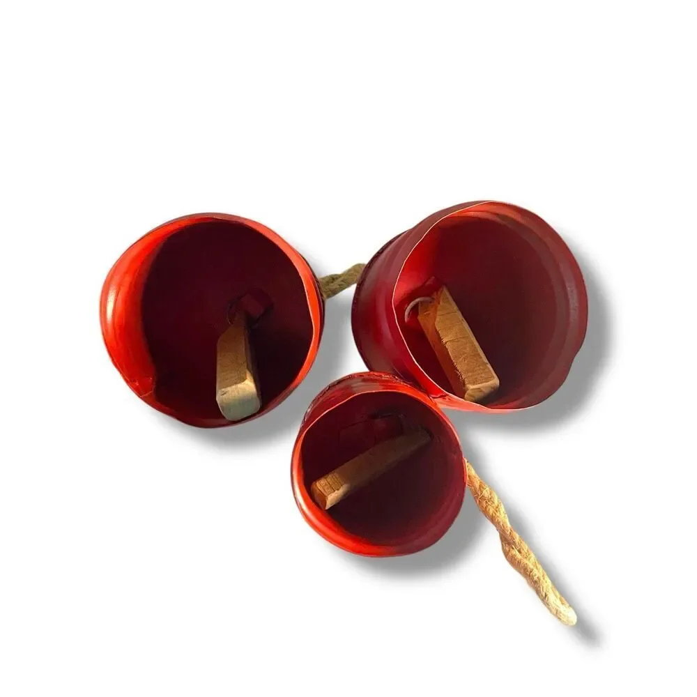 Red Metal Tibetan Inspired Cylindrical Decorative Cow Bells Set of 3 Wood Strike